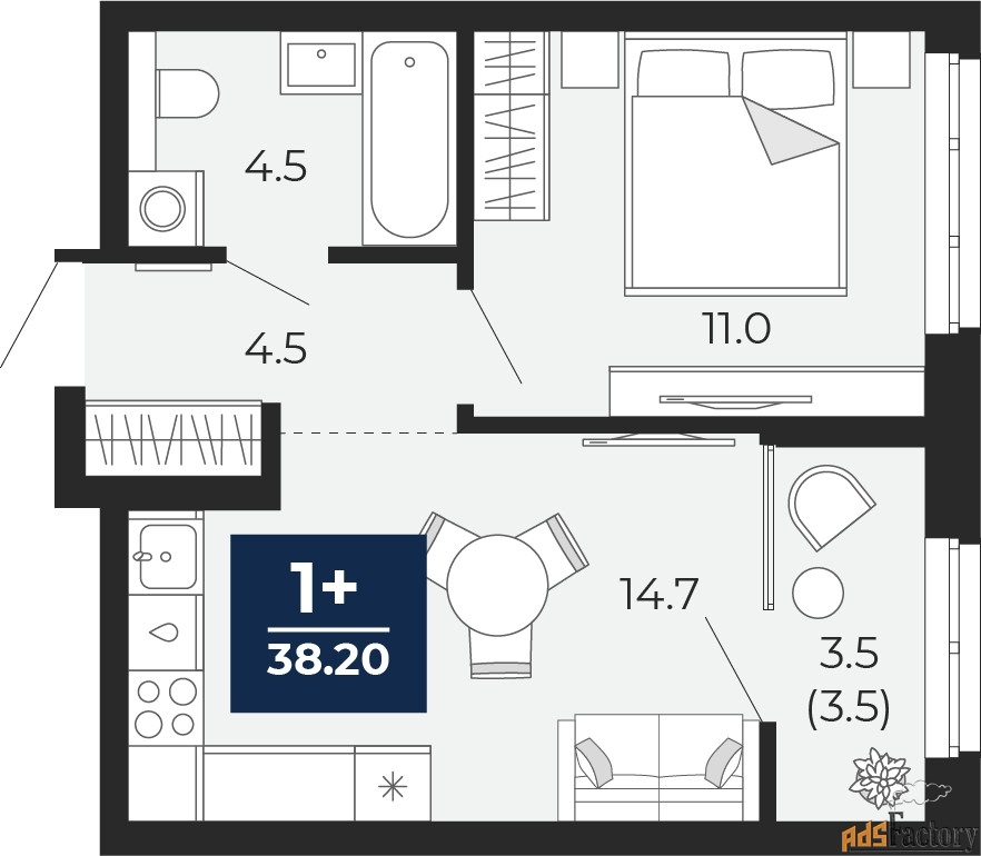 1 - комн.  квартира, 38.2 м², 9/16 эт.