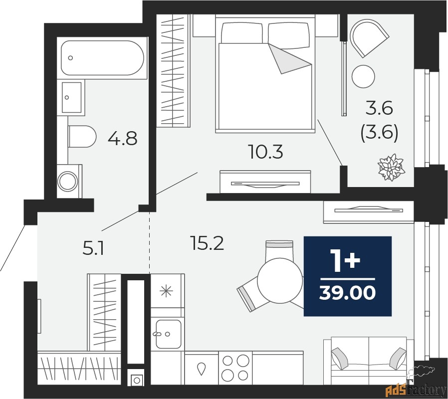 1 - комн.  квартира, 39 м², 8/16 эт.