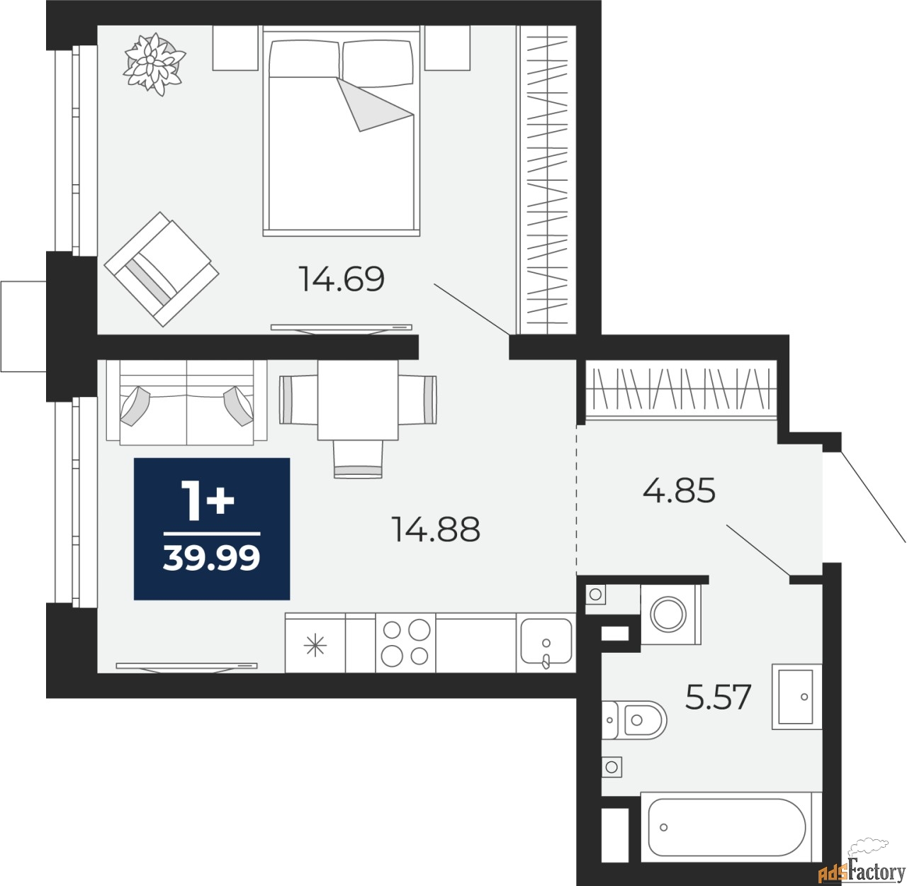 1 - комн.  квартира, 39.99 м², 2/24 эт.
