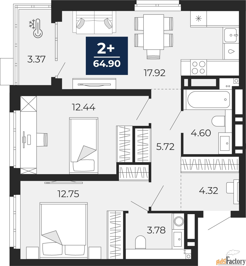 2 - комн.  квартира, 63.22 м², 17/20 эт.