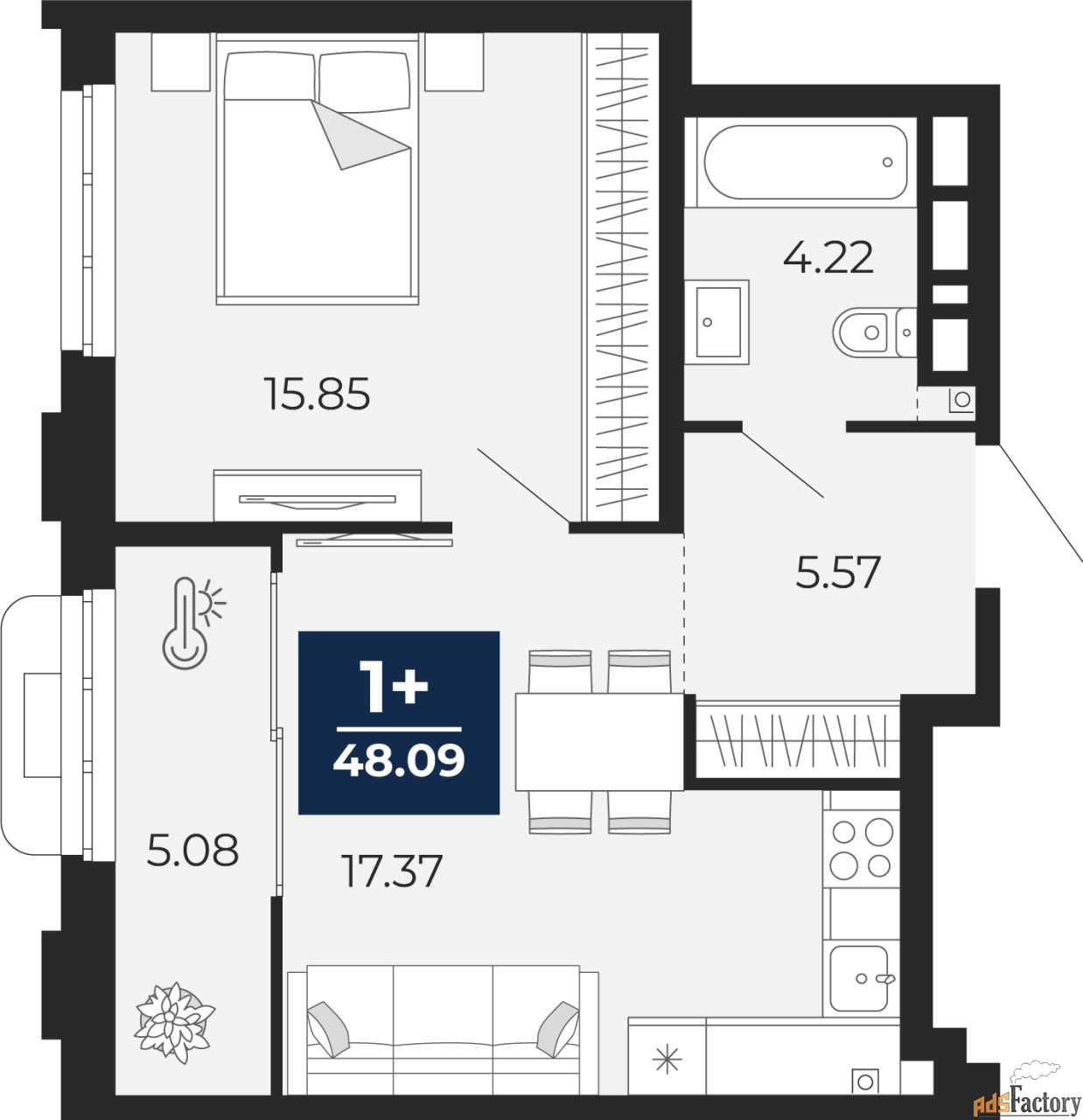 1 - комн.  квартира, 48.09 м², 3/24 эт.