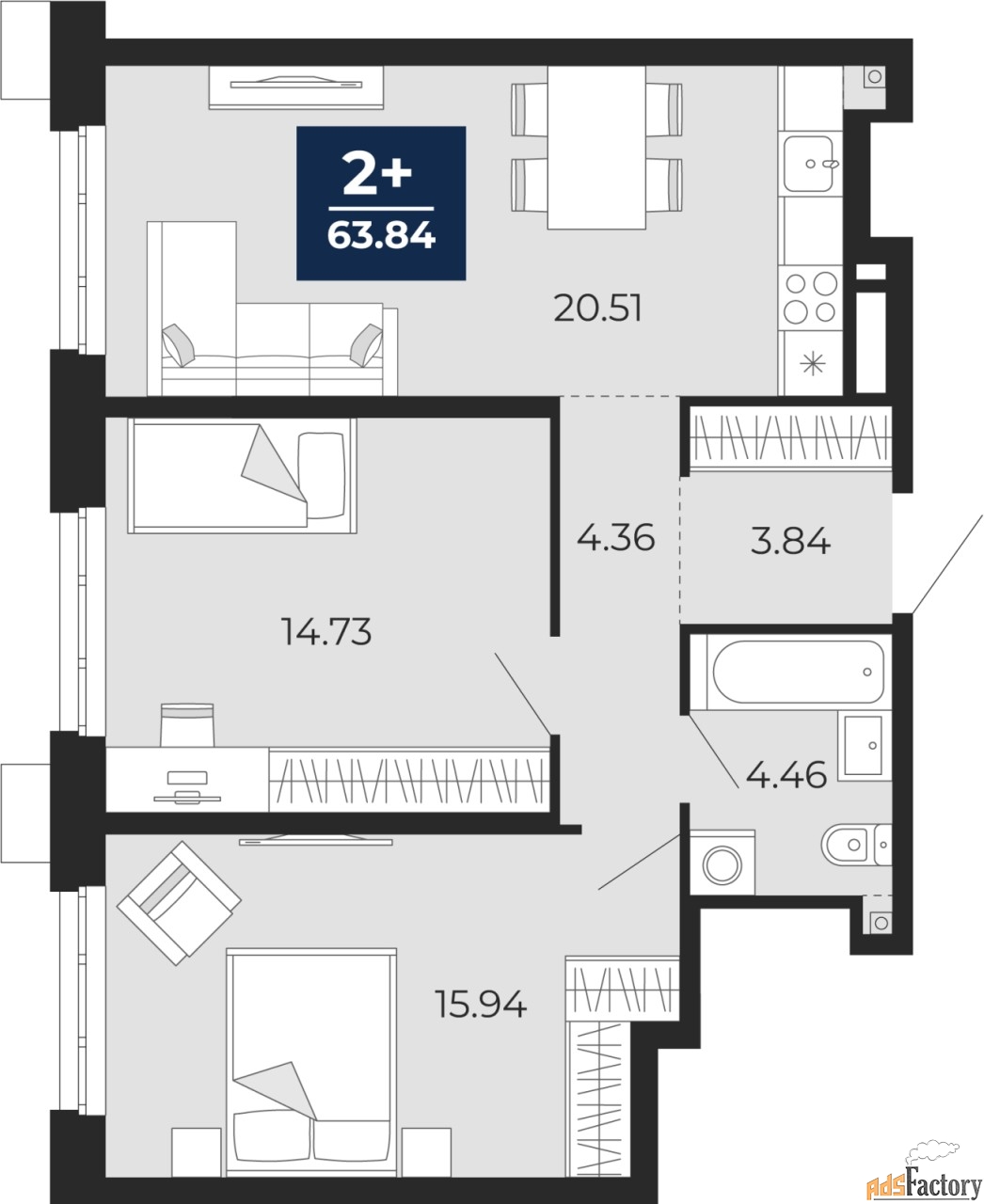 2 - комн.  квартира, 63.84 м², 2/24 эт.