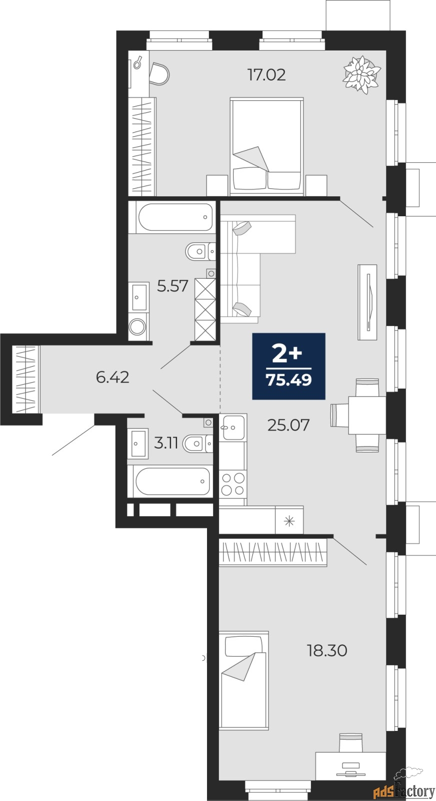 2 - комн.  квартира, 75.49 м², 2/24 эт.