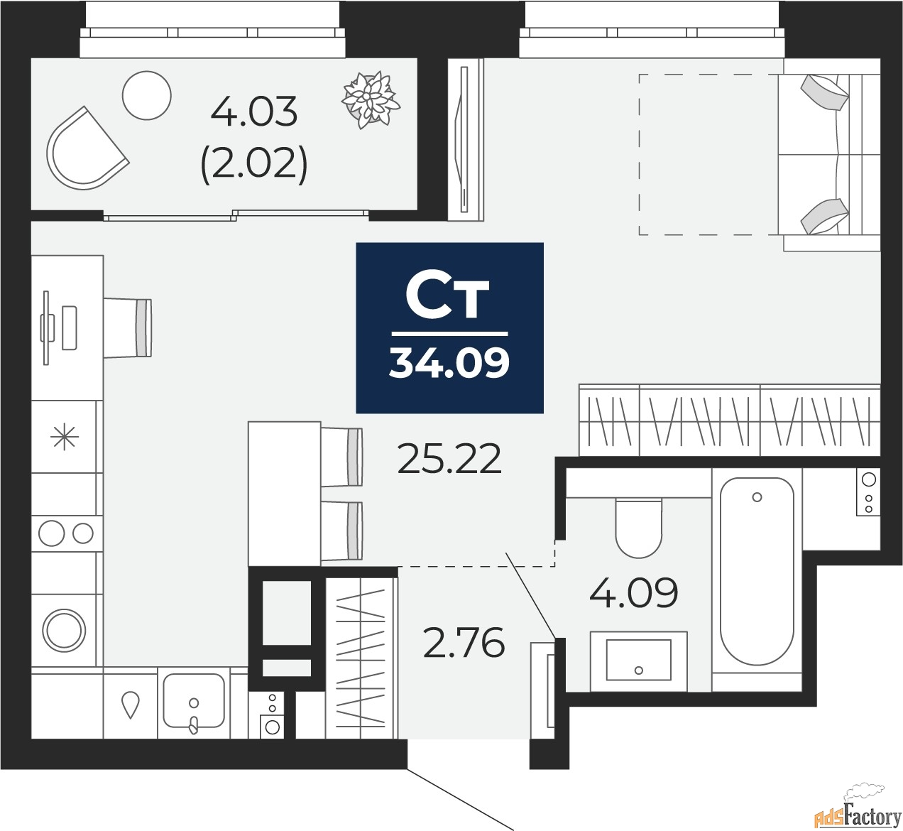 1 - комн.  квартира, 34.09 м², 10/16 эт.