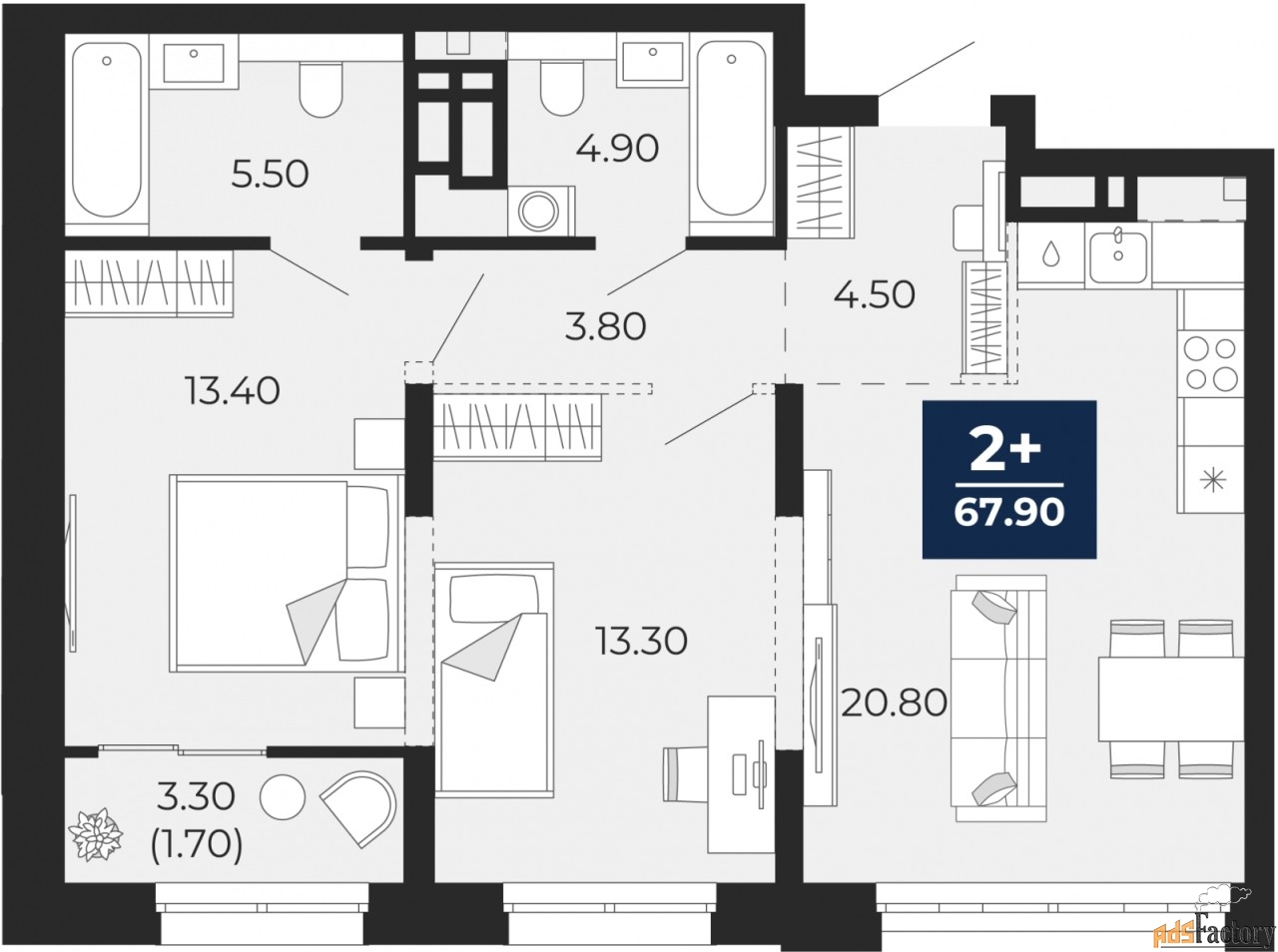 2 - комн.  квартира, 67.9 м², 4/18 эт.