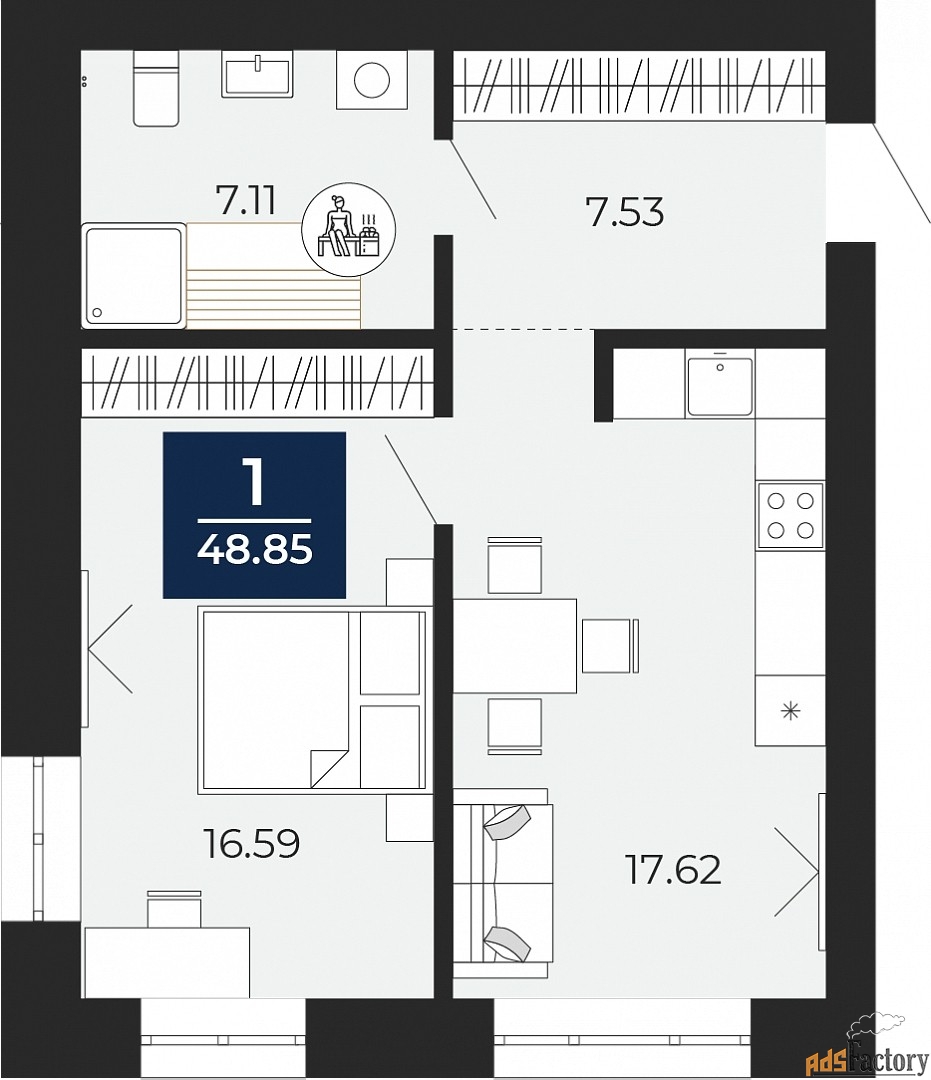 1 - комн.  квартира, 48.85 м², 3/10 эт.