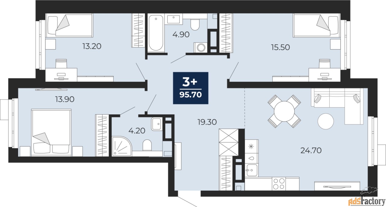 3 - комн.  квартира, 95.7 м², 13/18 эт.
