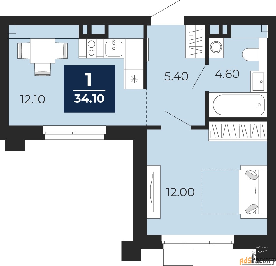 1 - комн.  квартира, 34.1 м², 9/20 эт.