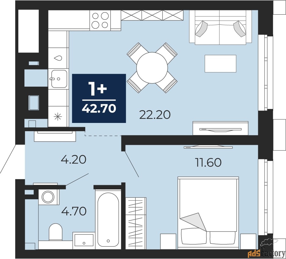 1 - комн.  квартира, 42.7 м², 15/18 эт.