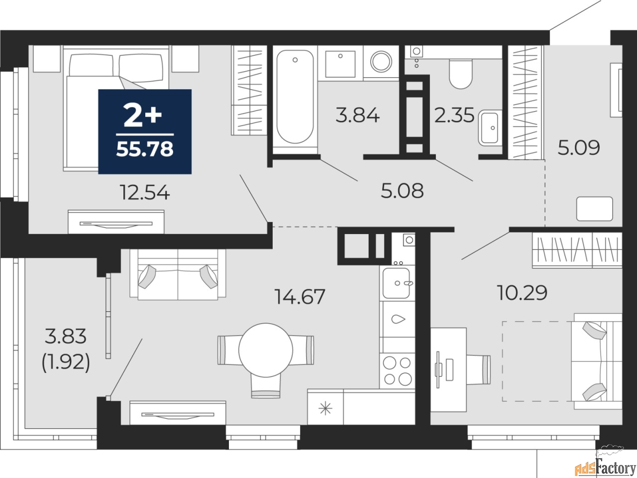 2 - комн.  квартира, 55.78 м², 10/23 эт.