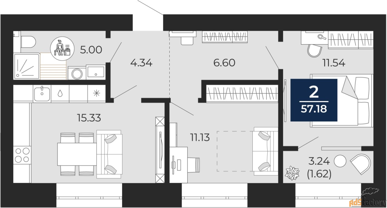 2 - комн.  квартира, 55.56 м², 2/10 эт.