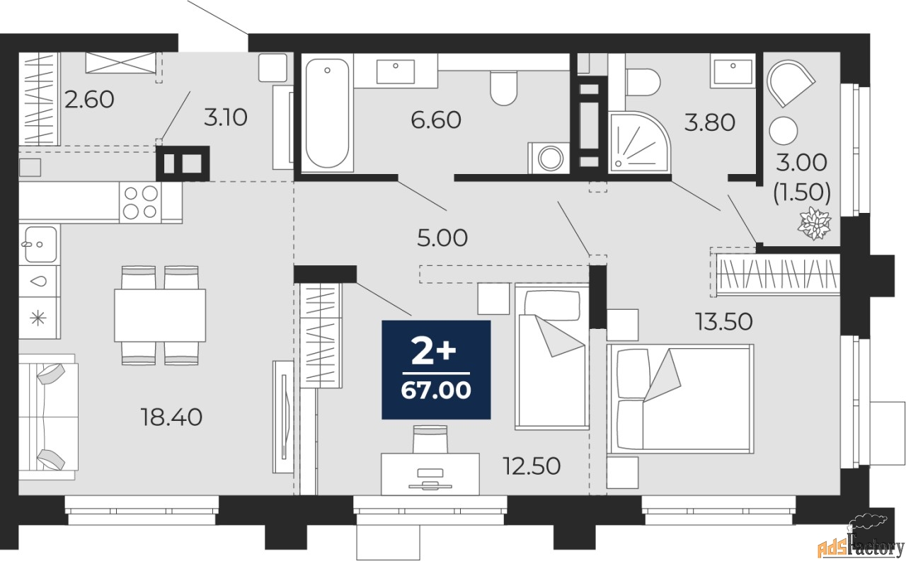 2 - комн.  квартира, 67 м², 6/20 эт.