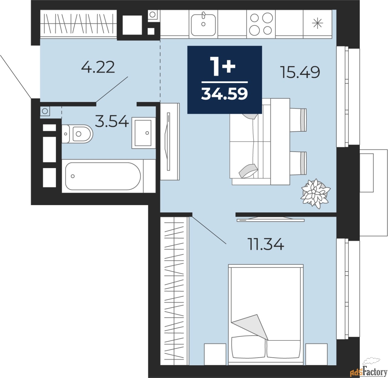 1 - комн.  квартира, 34.59 м², 3/24 эт.