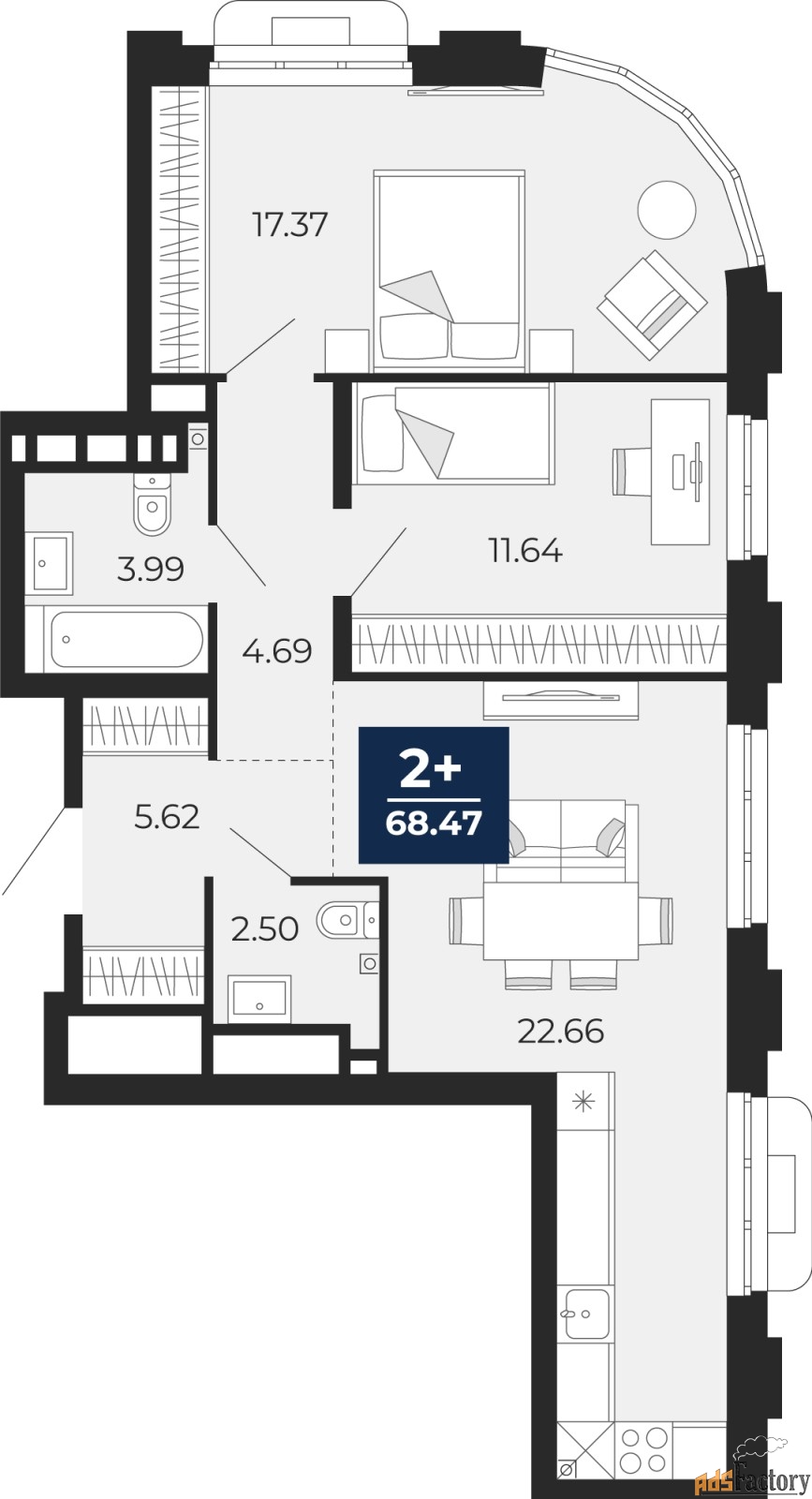 2 - комн.  квартира, 68.47 м², 2/24 эт.