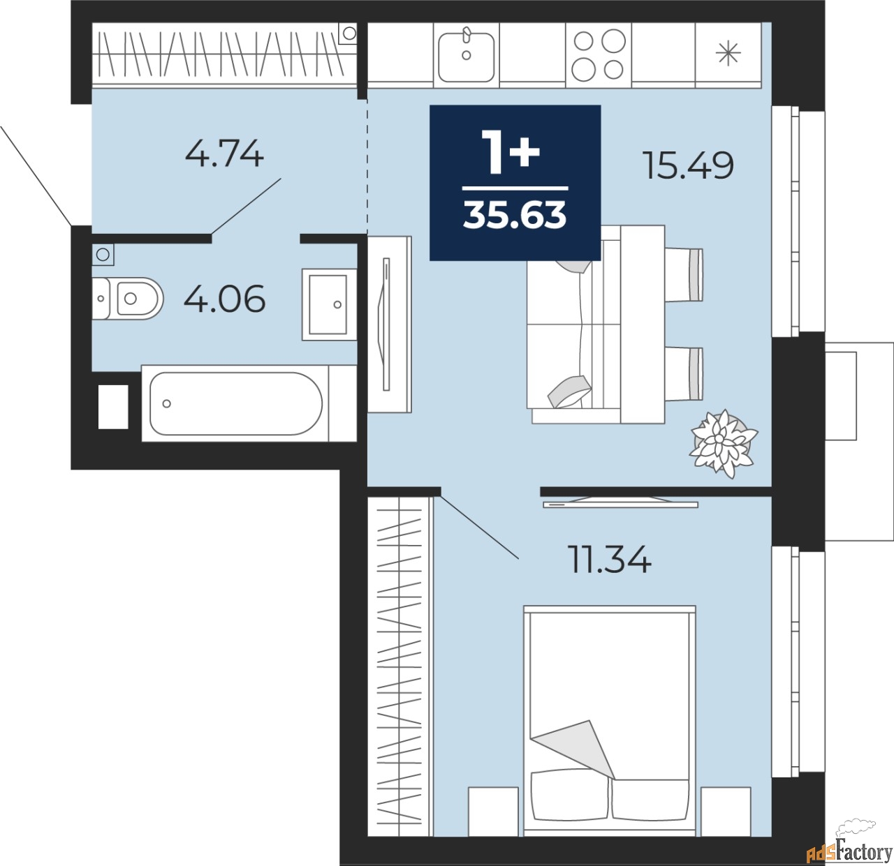 1 - комн.  квартира, 35.63 м², 2/24 эт.