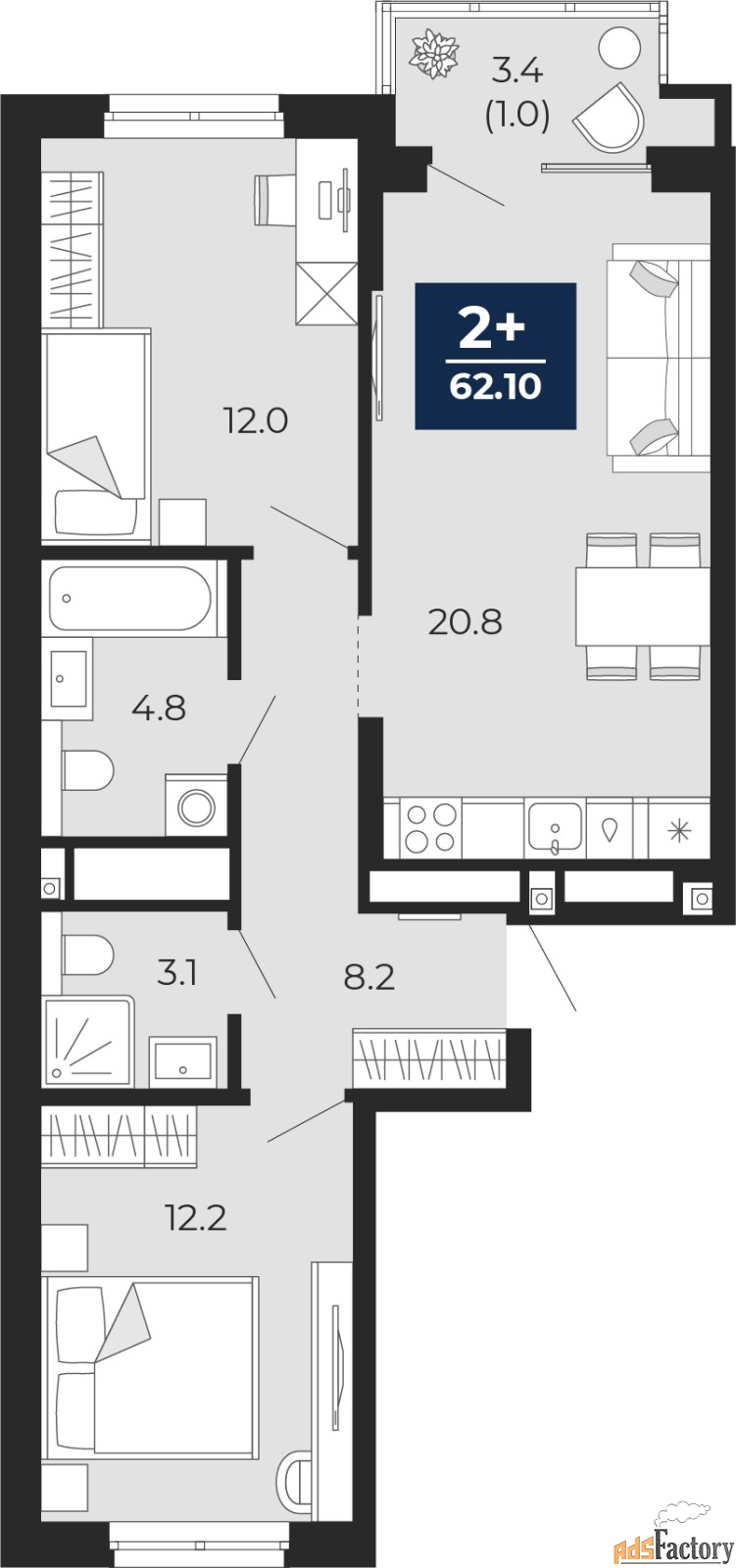 2 - комн.  квартира, 62.1 м², 2/16 эт.