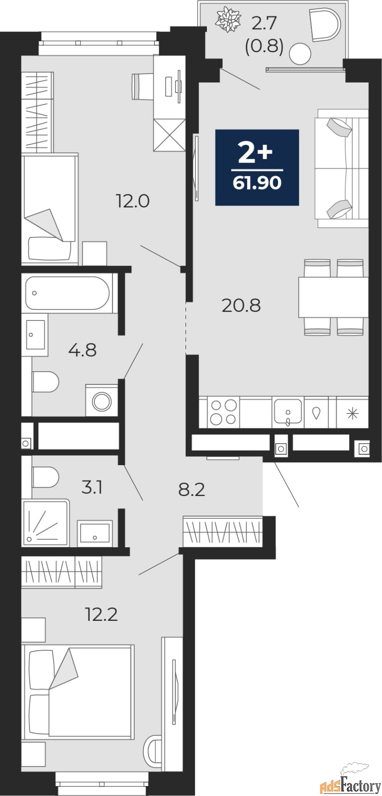 2 - комн.  квартира, 61.9 м², 15/16 эт.