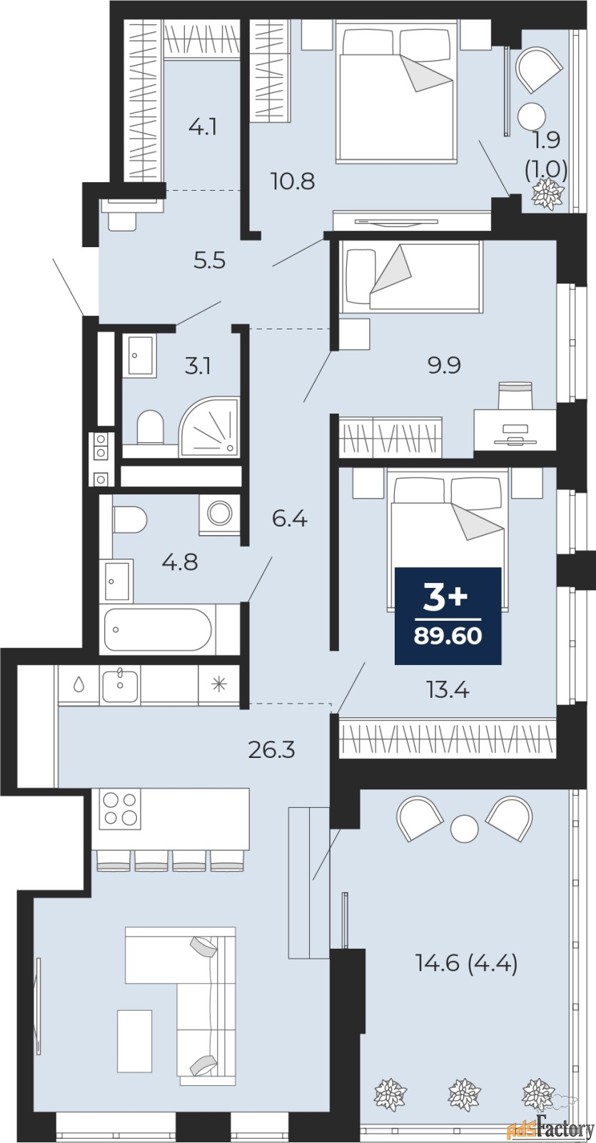 3 - комн.  квартира, 89.7 м², 10/16 эт.