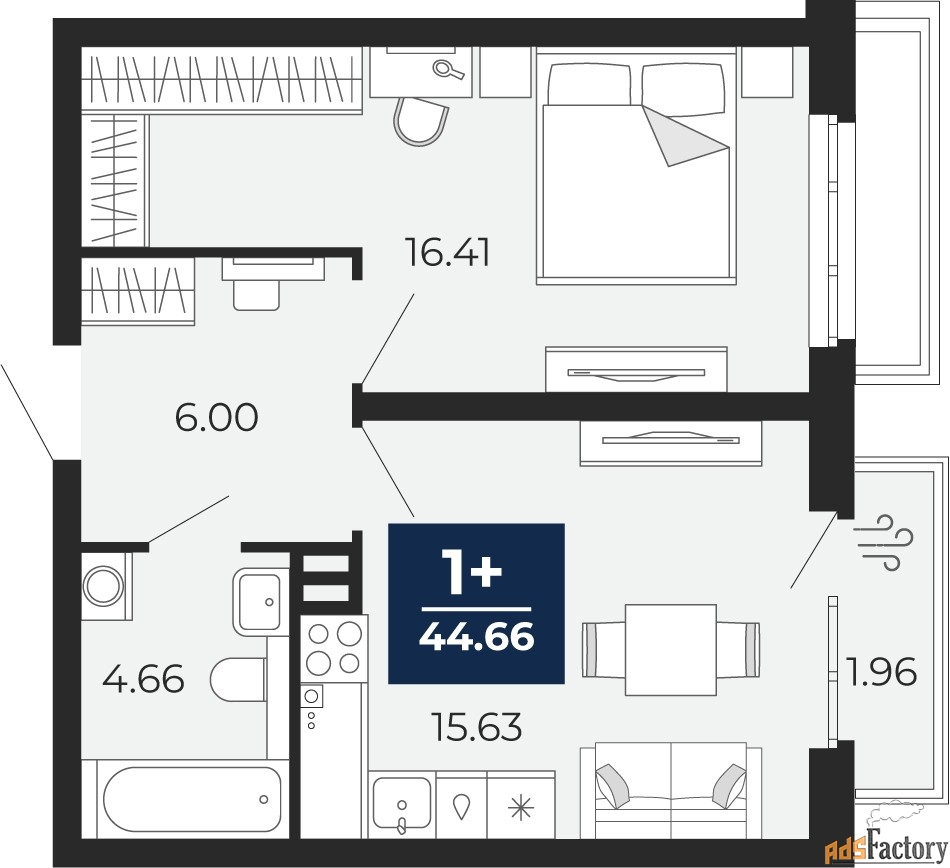 1 - комн.  квартира, 43.29 м², 2/20 эт.