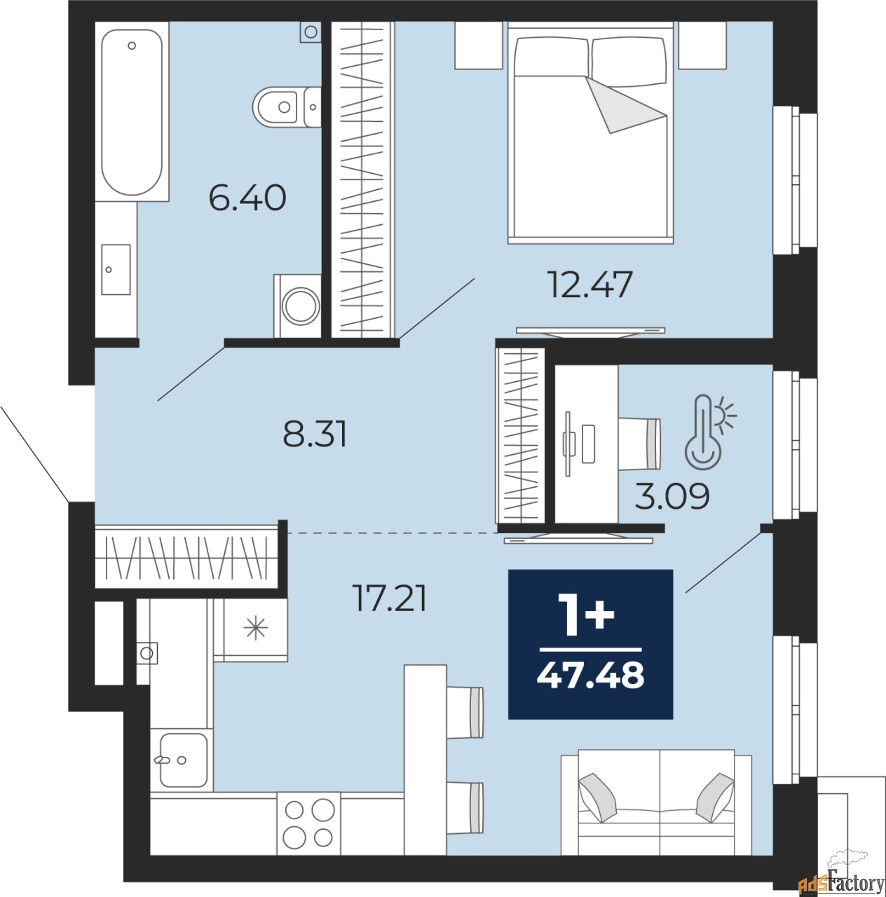1 - комн.  квартира, 47.48 м², 2/24 эт.