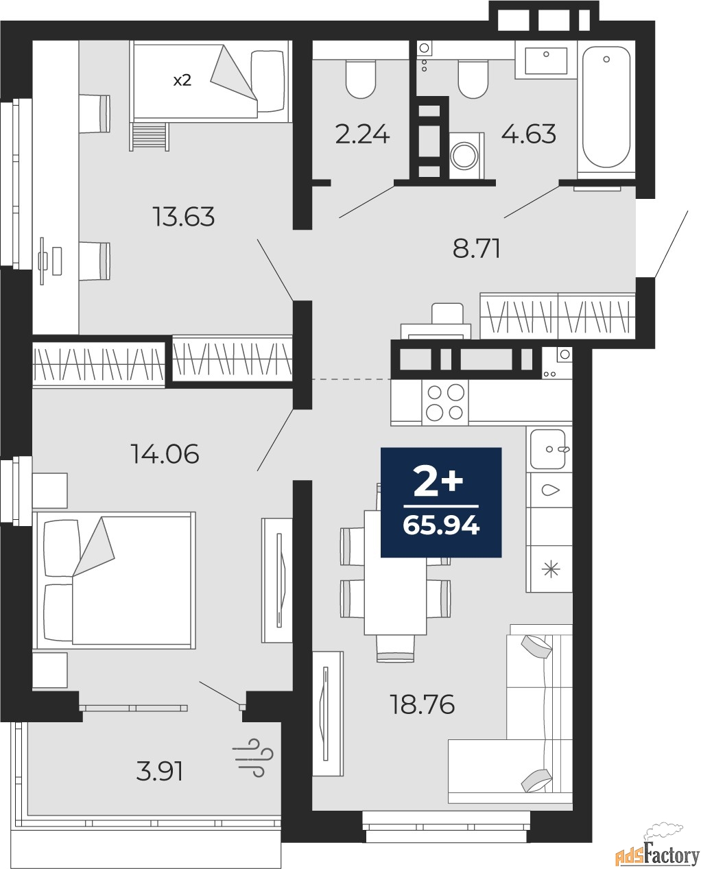 2 - комн.  квартира, 63.2 м², 6/12 эт.