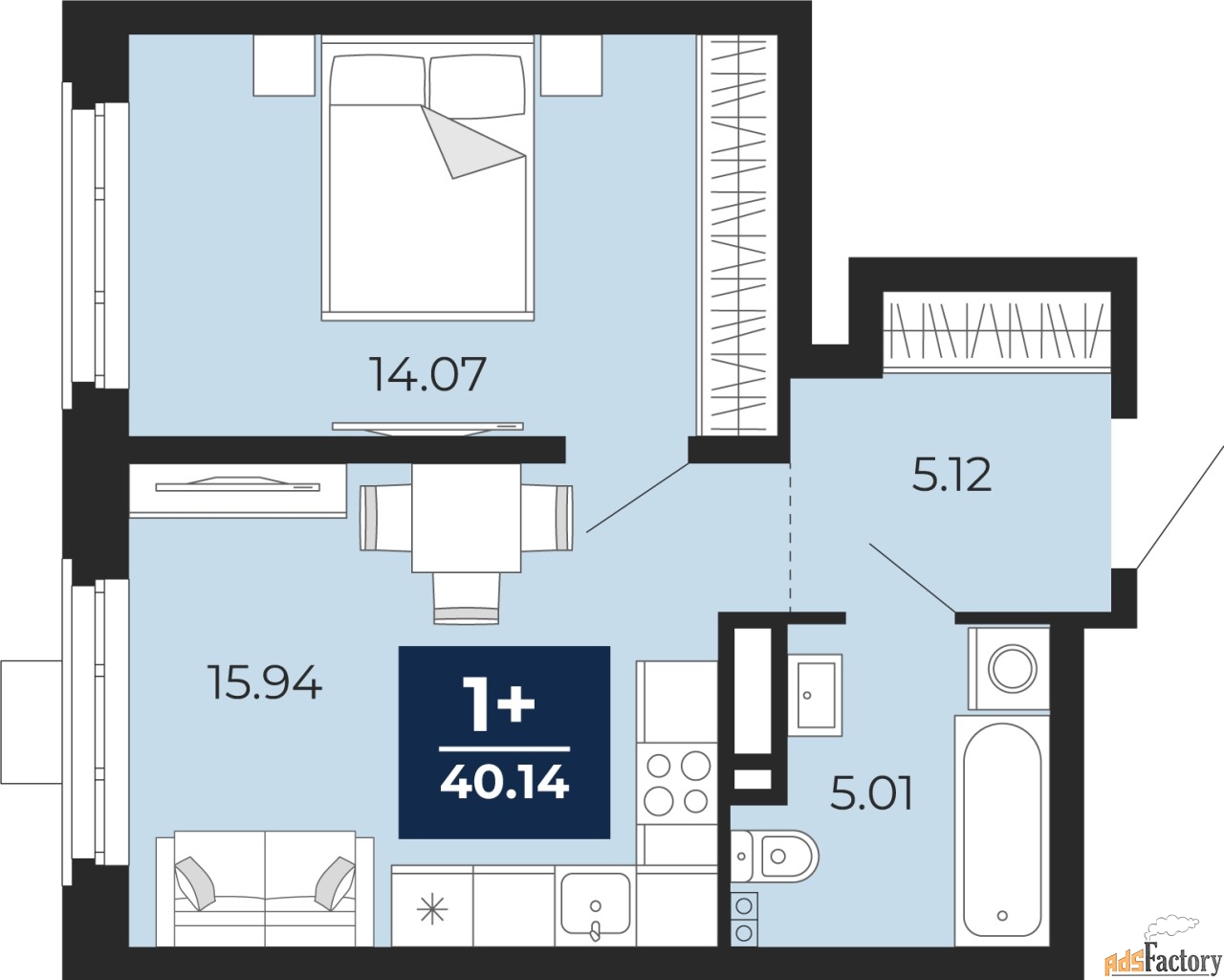 1 - комн.  квартира, 40.14 м², 18/24 эт.
