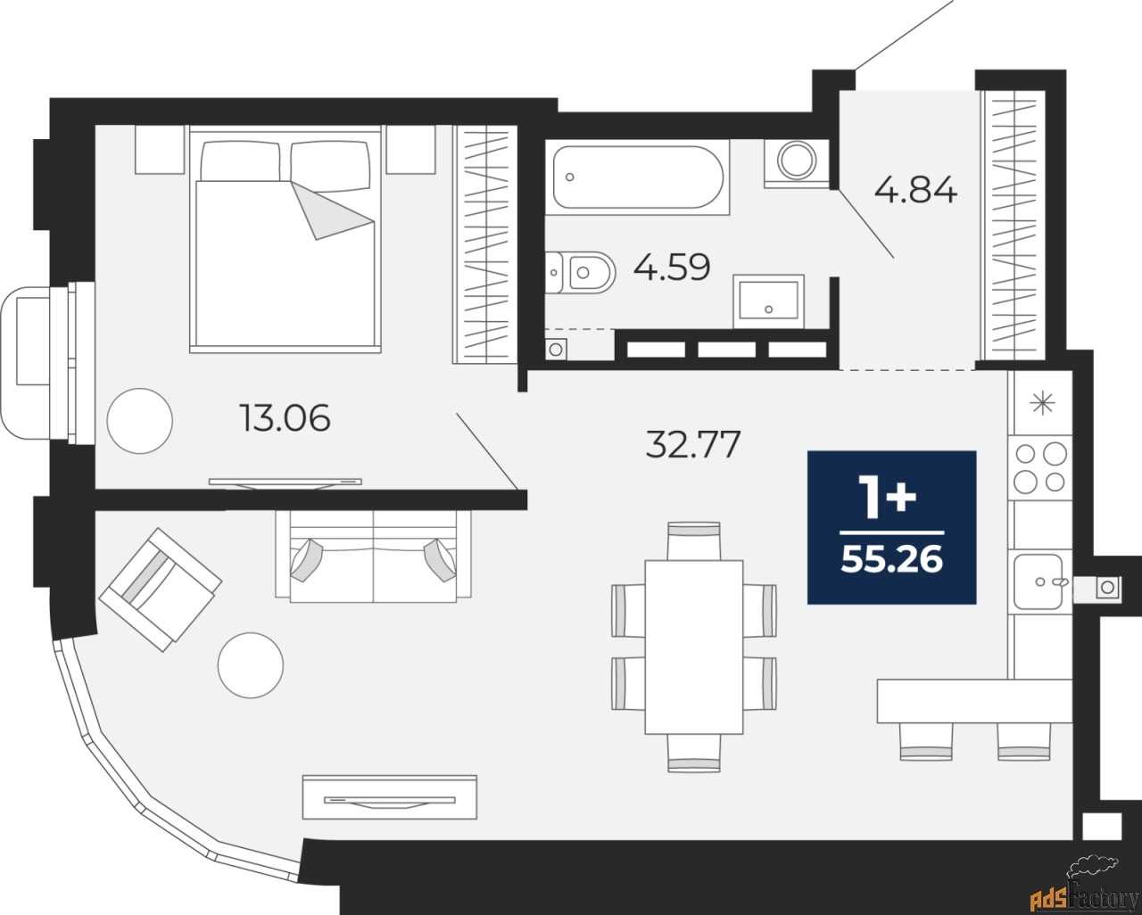 1 - комн.  квартира, 55.26 м², 3/24 эт.