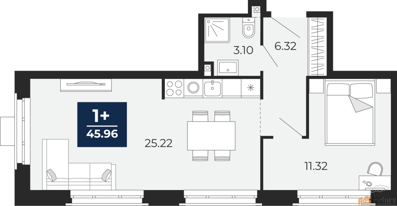 1 - комн.  квартира, 45.96 м², 23/24 эт.