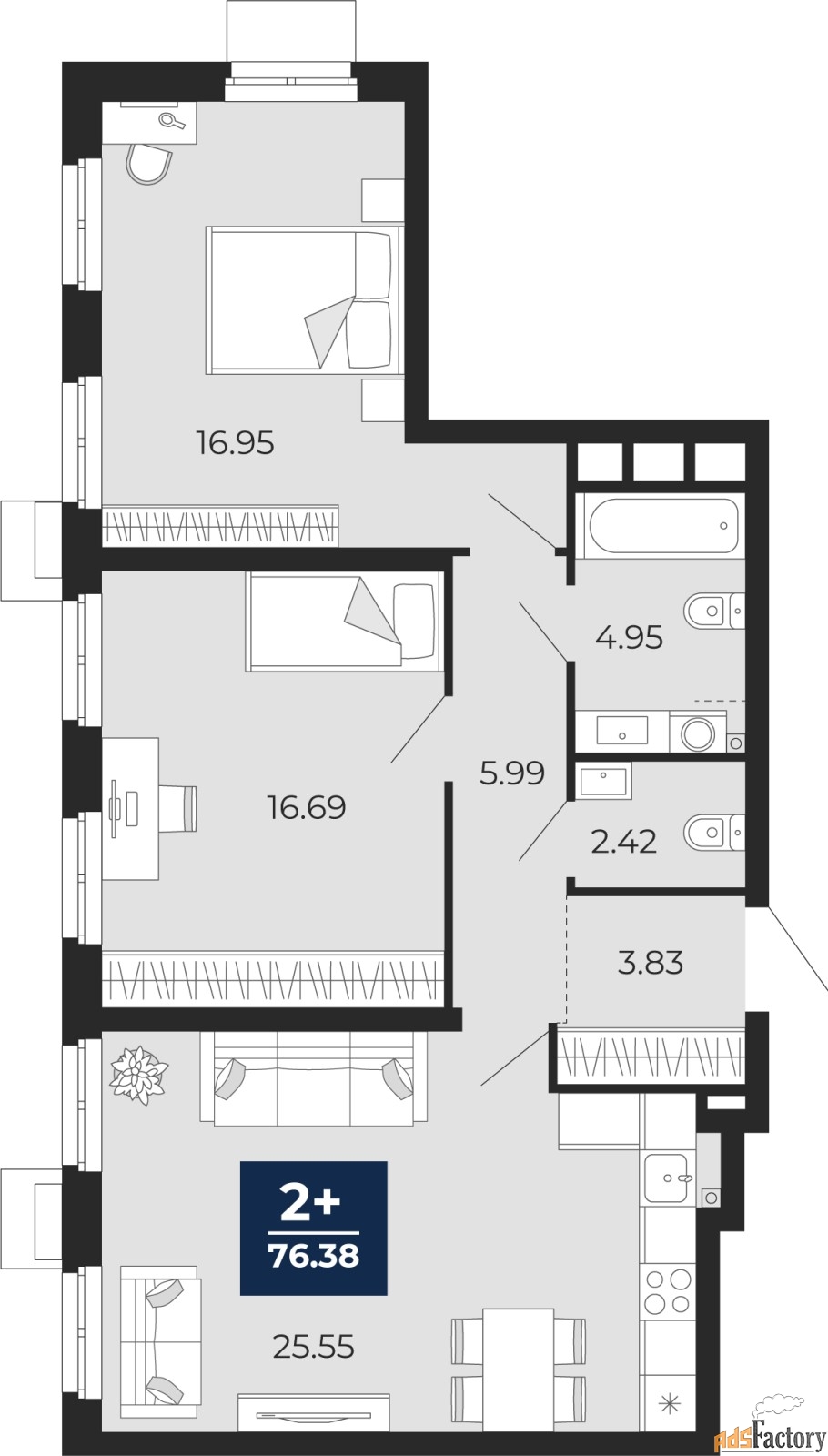 2 - комн.  квартира, 76.38 м², 2/24 эт.
