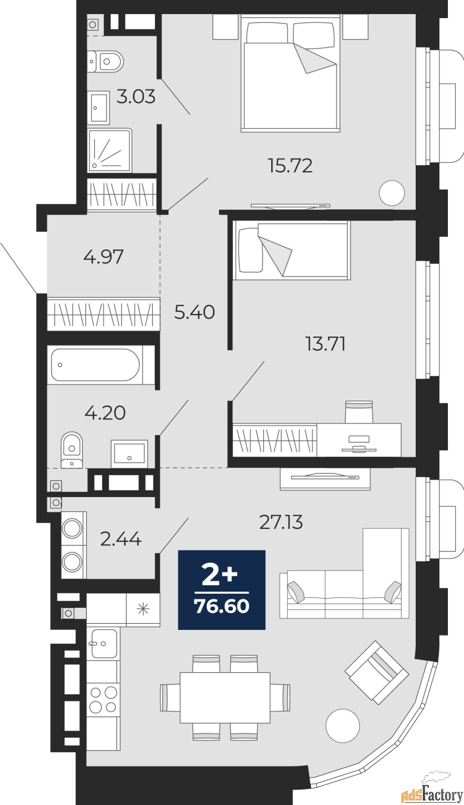 2 - комн.  квартира, 76.6 м², 3/24 эт.