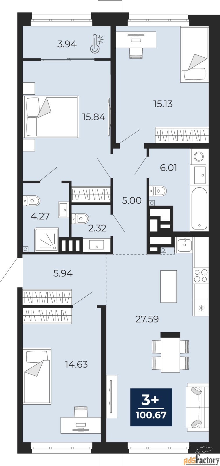 3 - комн.  квартира, 100.67 м², 2/24 эт.