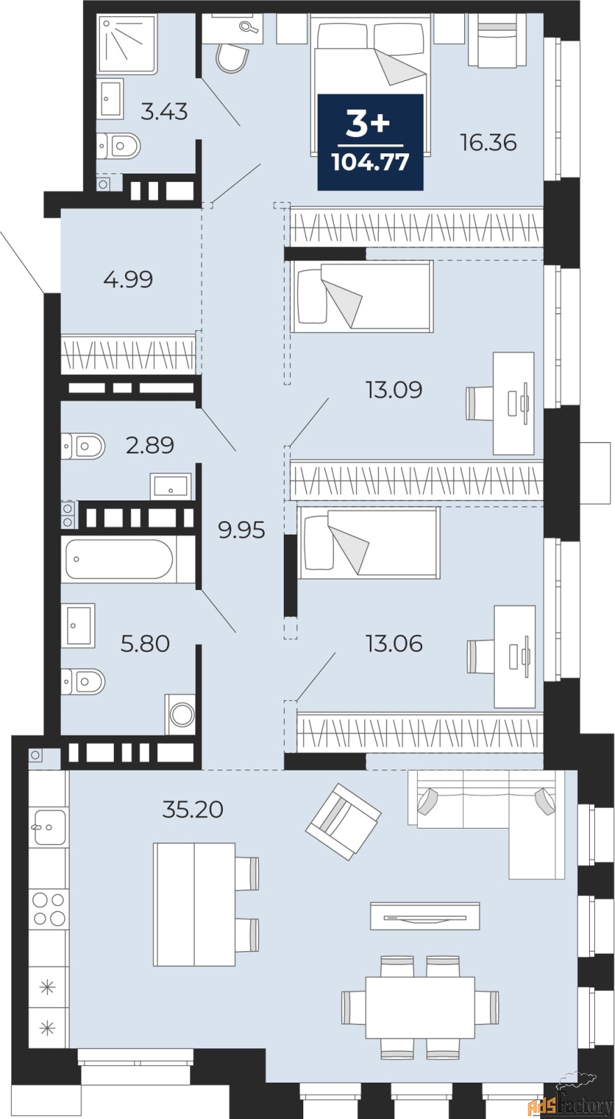 3 - комн.  квартира, 104.77 м², 8/24 эт.