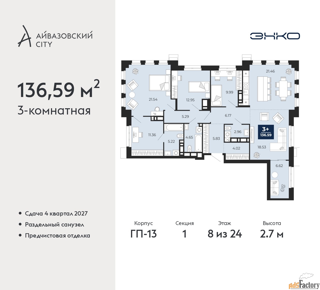 3 - комн.  квартира, 136.59 м², 8/24 эт.