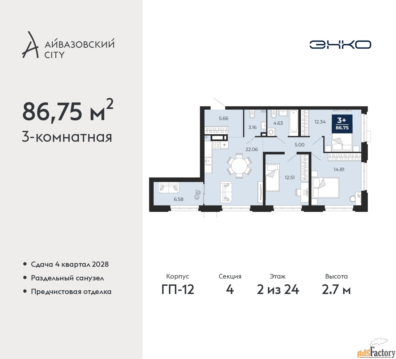 3 - комн.  квартира, 86.75 м², 2/24 эт.