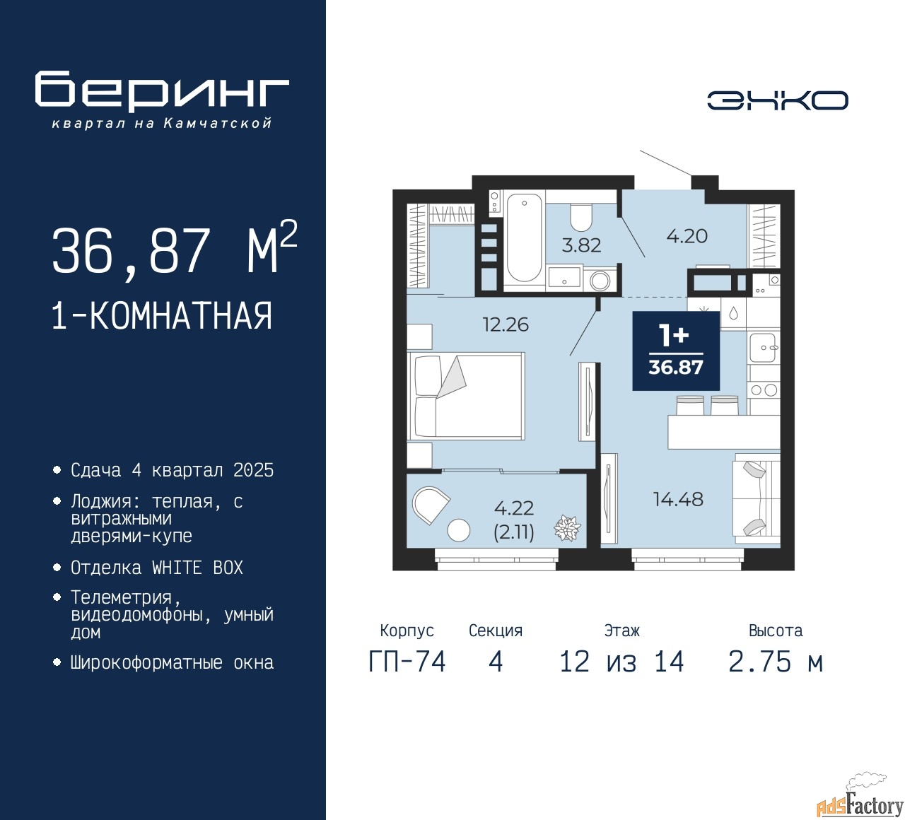 1 - комн. квартира, 36.87 м², 12/14 эт.