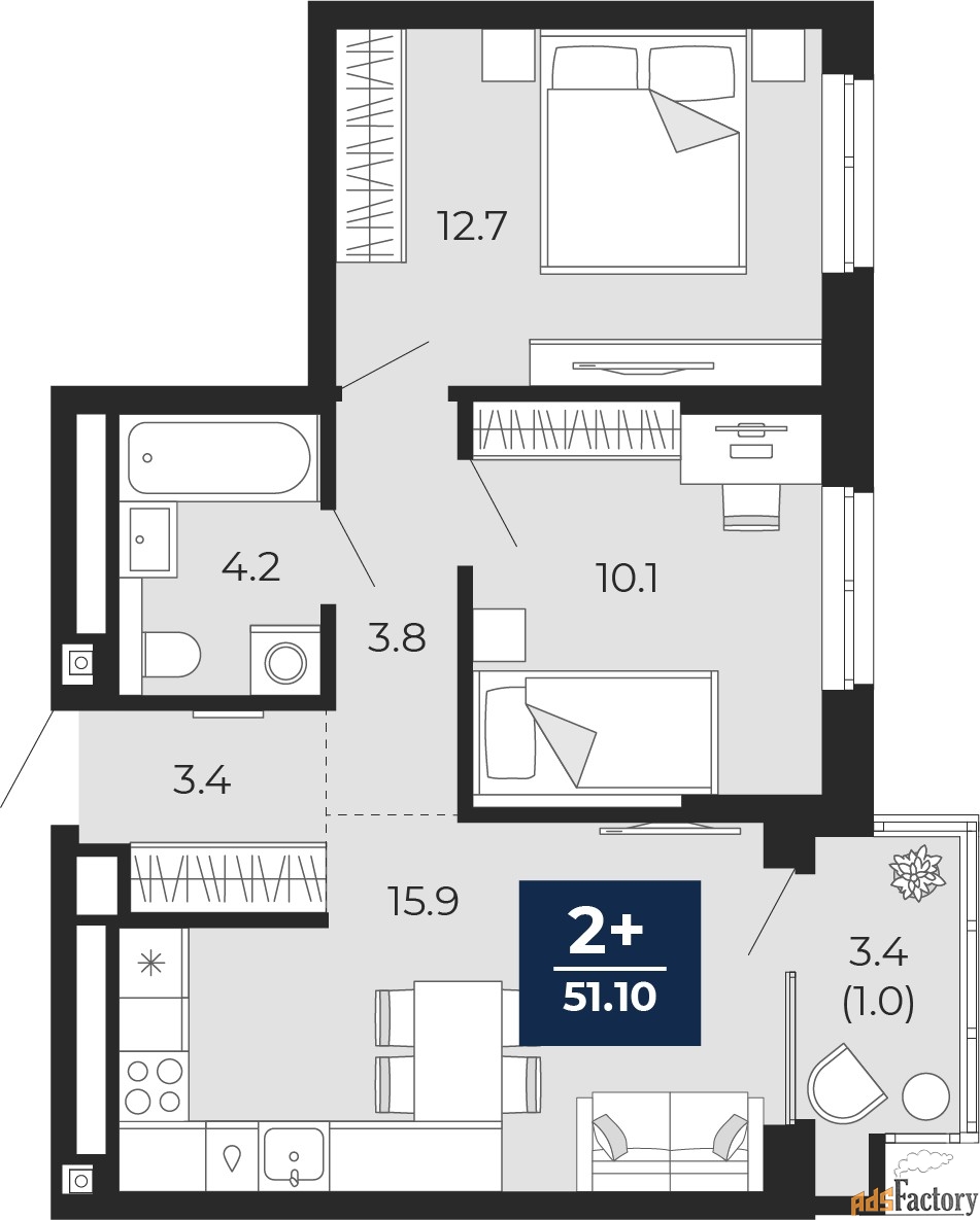 2 - комн. квартира, 51.1 м², 13/16 эт.
