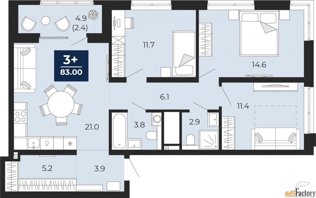 3 - комн.  квартира, 83 м², 13/25 эт.