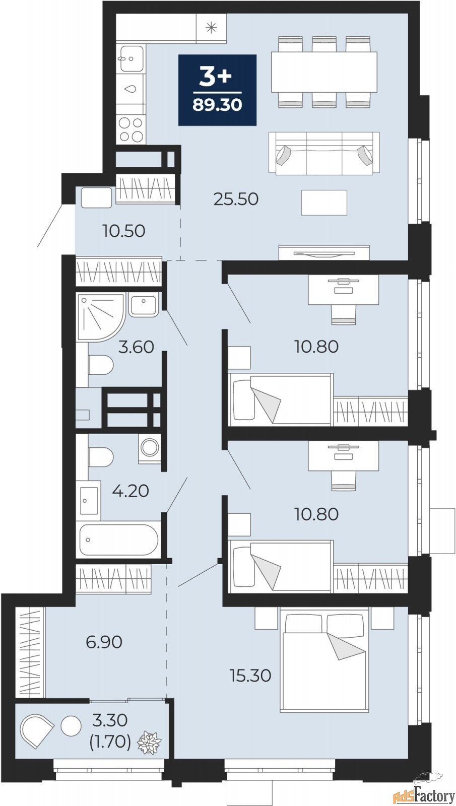 3 - комн. квартира, 89.3 м², 7/24 эт.