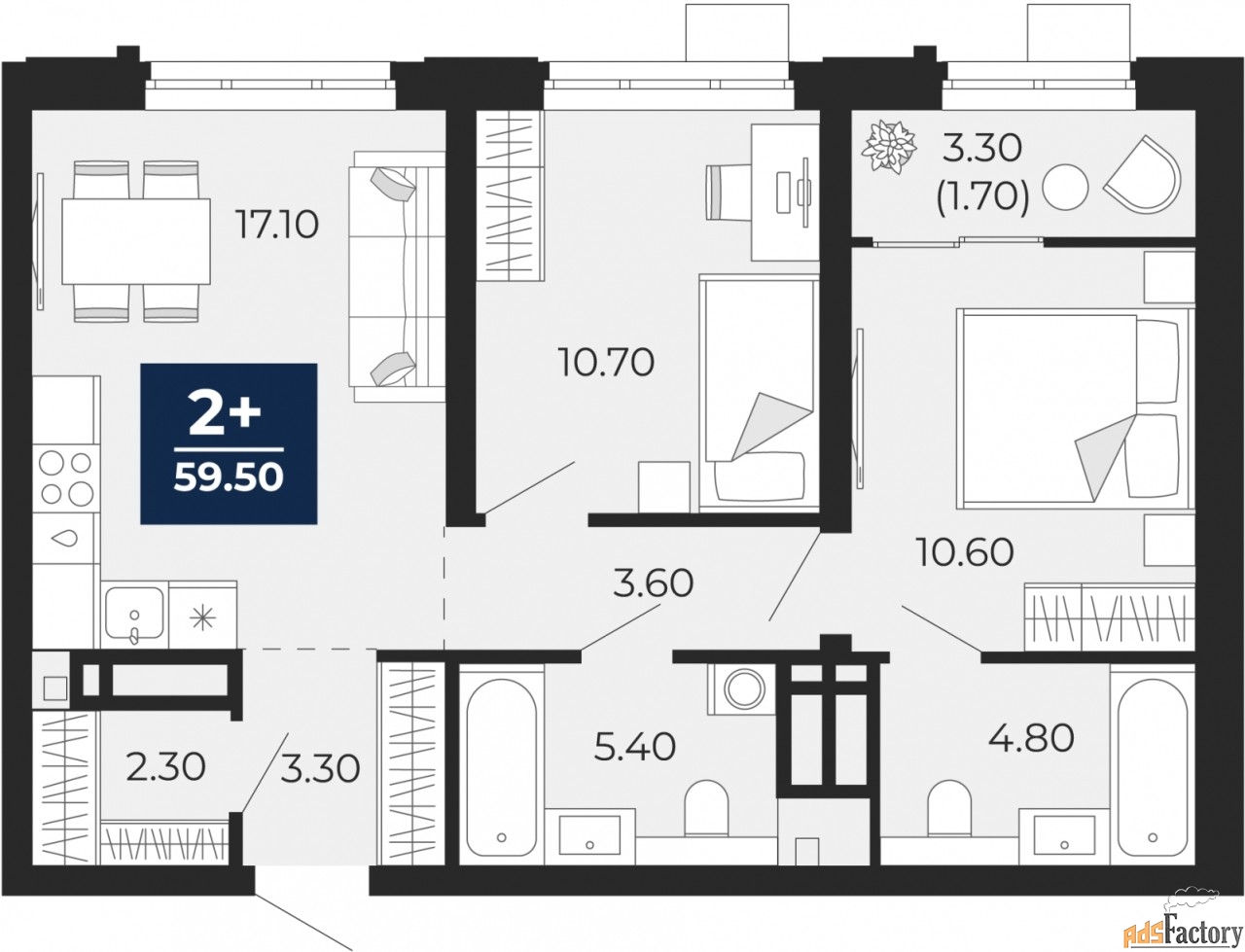 2 - комн. квартира, 59.5 м², 3/24 эт.