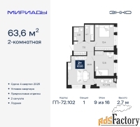 2 - комн.  квартира, 63.6 м², 9/16 эт.