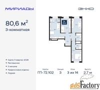 3 - комн.  квартира, 80.6 м², 3/14 эт.