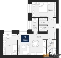 2 - комн.  квартира, 71.11 м², 3/12 эт.