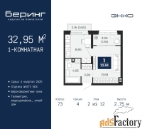 1 - комн.  квартира, 32.95 м², 2/12 эт.