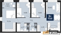 3 - комн.  квартира, 73.8 м², 6/9 эт.