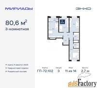 3 - комн.  квартира, 80.6 м², 11/14 эт.