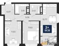 2 - комн.  квартира, 59.26 м², 11/22 эт.