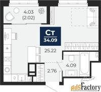 1 - комн.  квартира, 34.09 м², 2/12 эт.