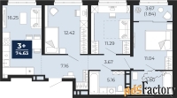 3 - комн.  квартира, 74.63 м², 14/14 эт.