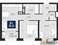 2 - комн.  квартира, 58.49 м², 12/12 эт.