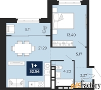 1 - комн.  квартира, 52.54 м², 2/9 эт.